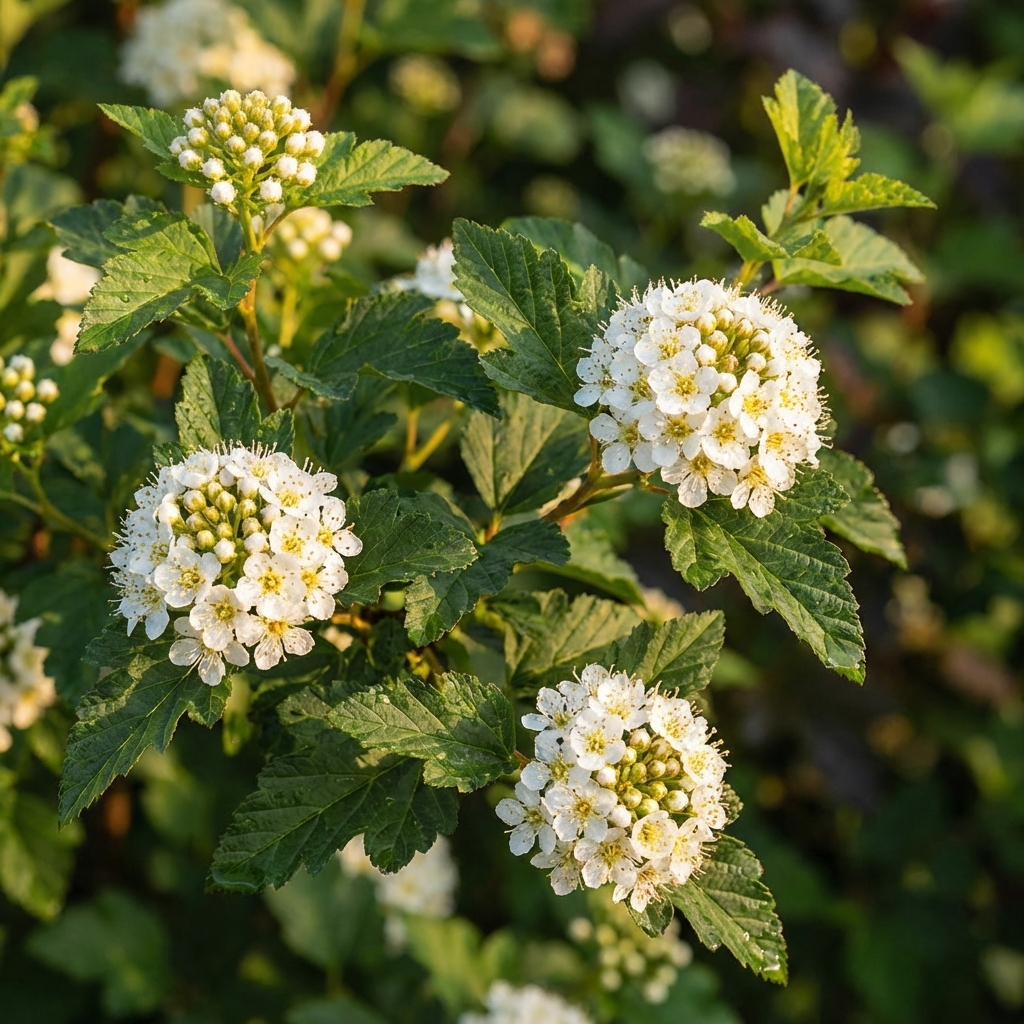physocarpus opulifolius shrub close up with blooms