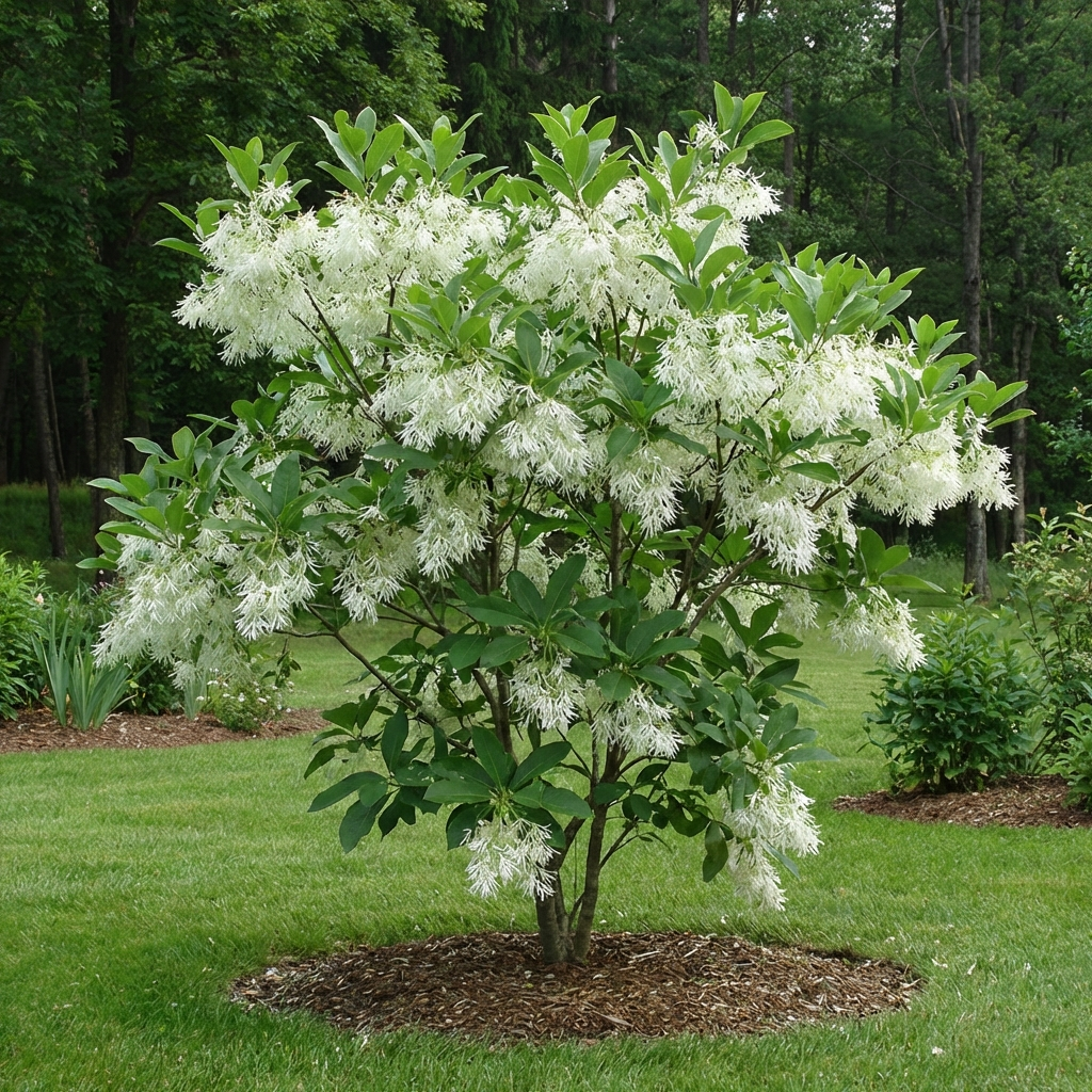 chionanthus virginicus white fringe tree blooming in a backyard landscape
