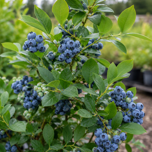 duke blueberry bush loaded with ripe blueberries
