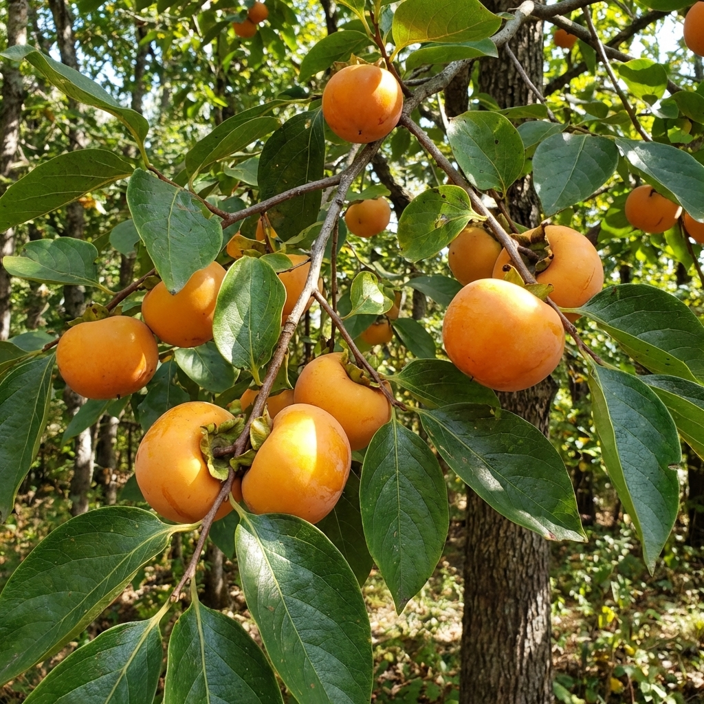 native american persimmon fruit tree in backyard landscape
