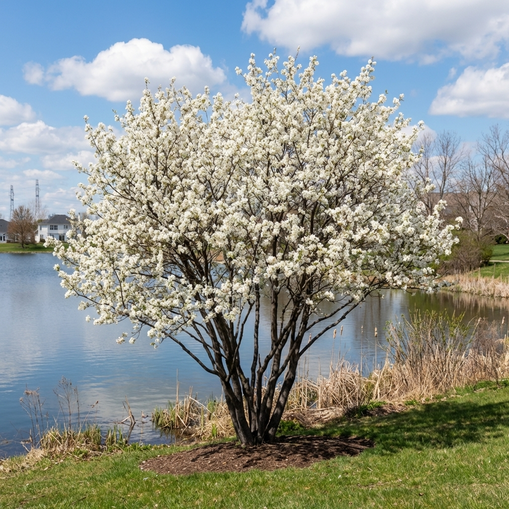native serviceberry tree amelanchier blooming white flowers
