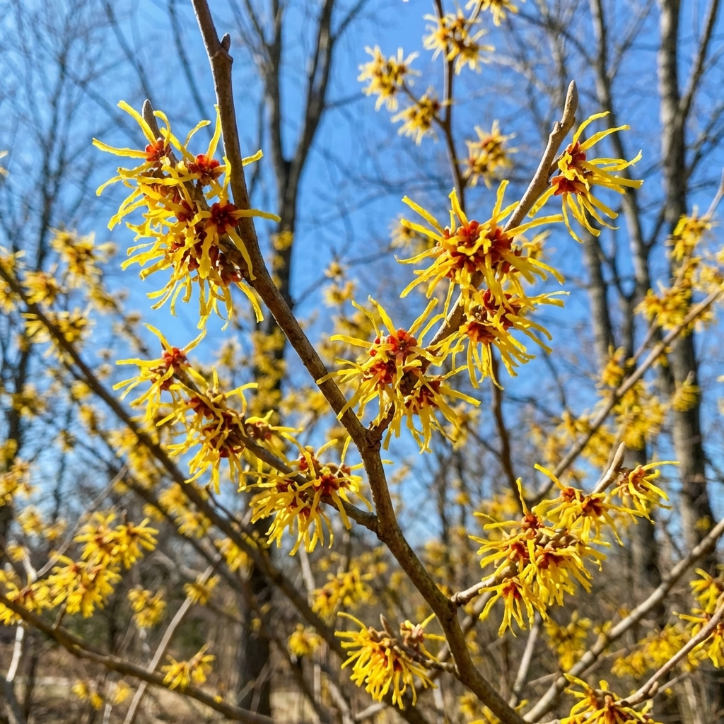 native witch hazel shrub planted in backyard garden
