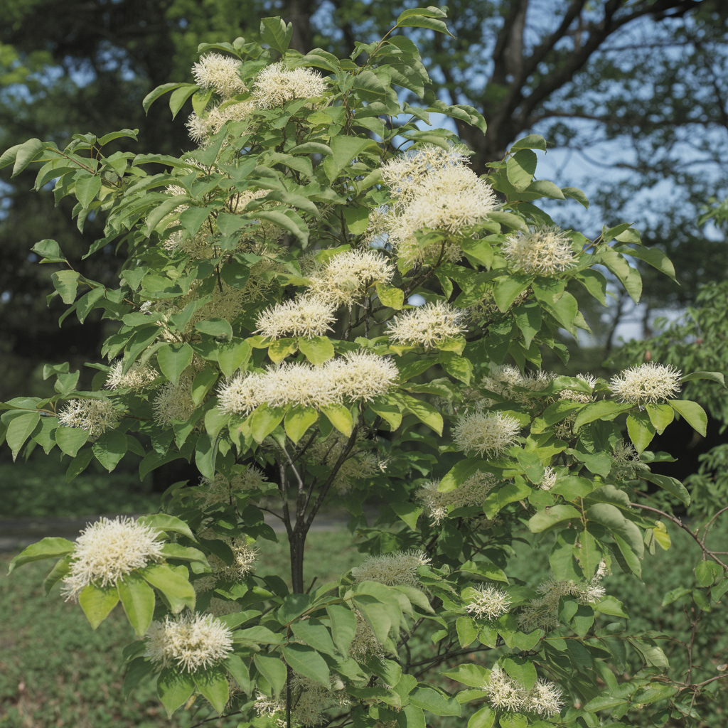 white fringe tree covered in delicate white fringe flowers in spring
